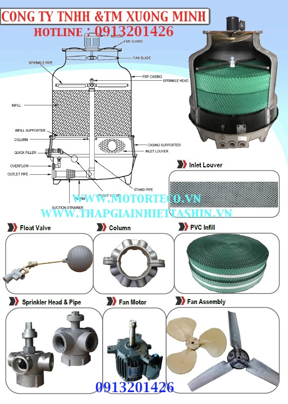 Tháp giải nhiệt, tháp giải nhiệt nước, tháp giải nhiệt tashin 5-200RT, linh kiện tháp giải nhiệt,