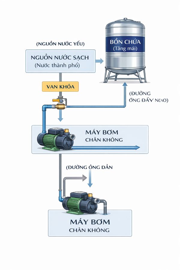 Sơ đồ lắp máy bơm nước trực tiếp từ nguồn cấp